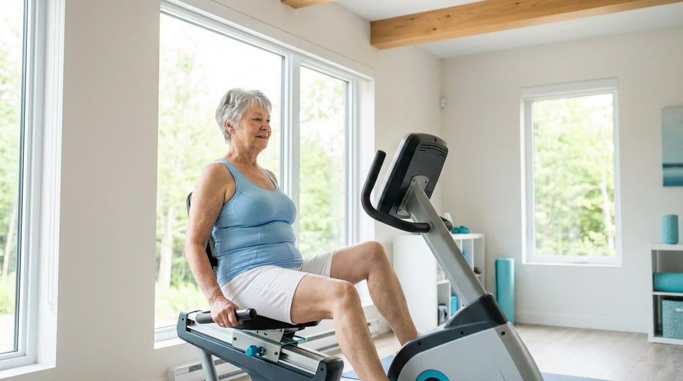 Person pedaling a high-end recumbent bike in a peaceful home gym