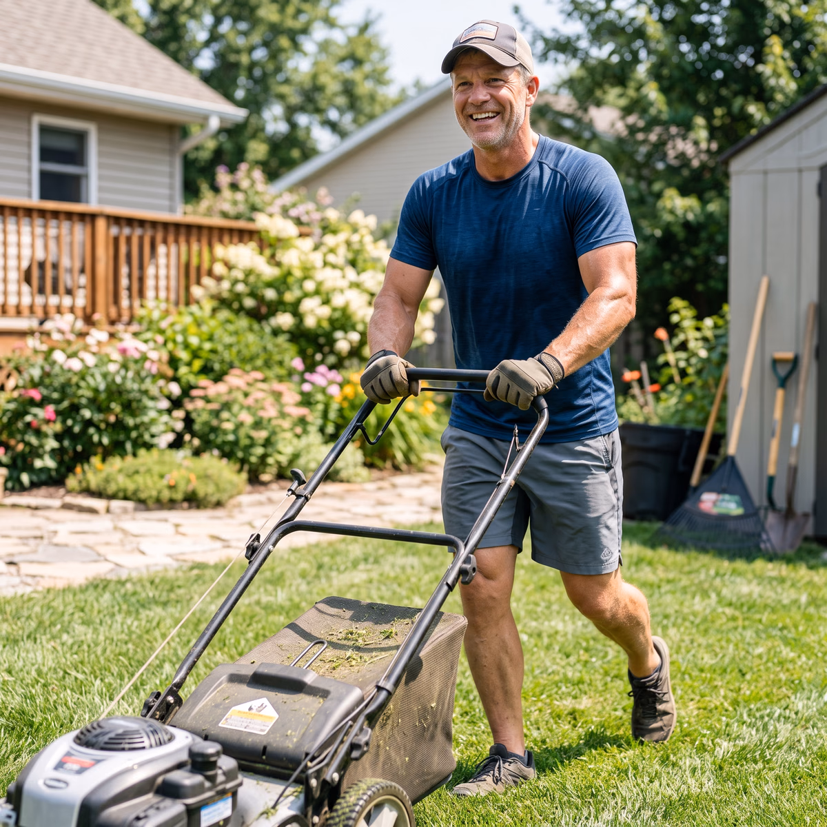 Man mowing the lawn while managing the afternoon energy crash of low testosterone